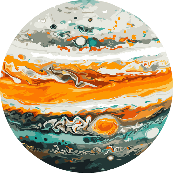 Abstract painting of Jupiter with swirling orange and blue patterns