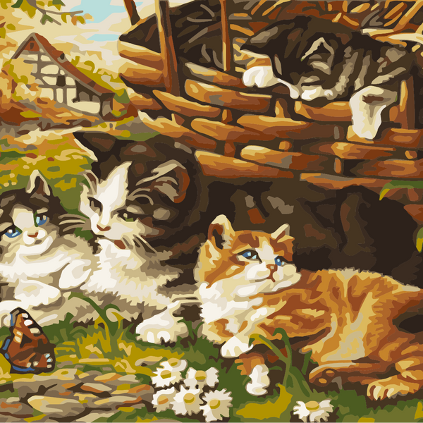 Painting of kittens relaxing in a garden near a wicker basket