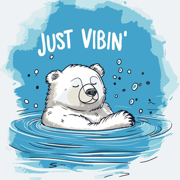 Relaxed polar bear floating in water with "Just Vibin'" text