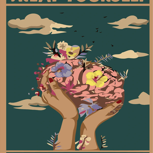 Stylized painting of hands holding flowers with motivational text