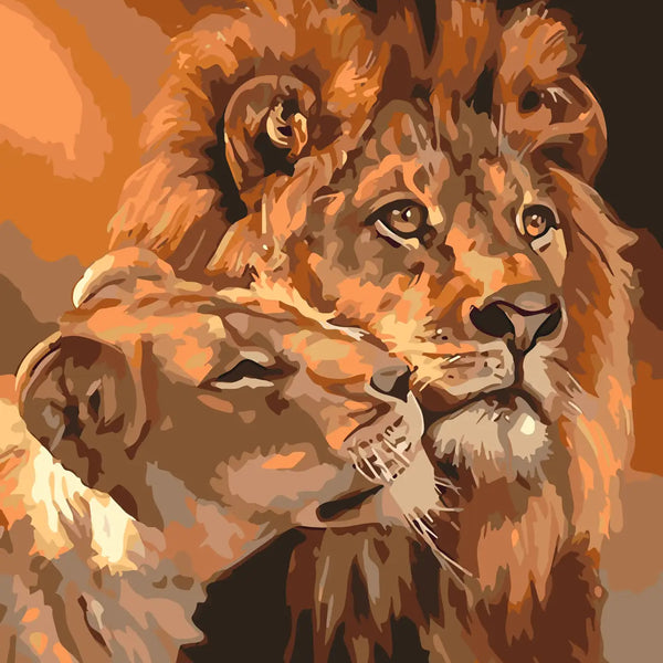 Painting of a lion and lioness in a loving embrace