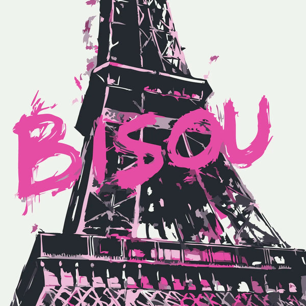 Eiffel Tower painting with "Bisou" in bold pink graffiti style