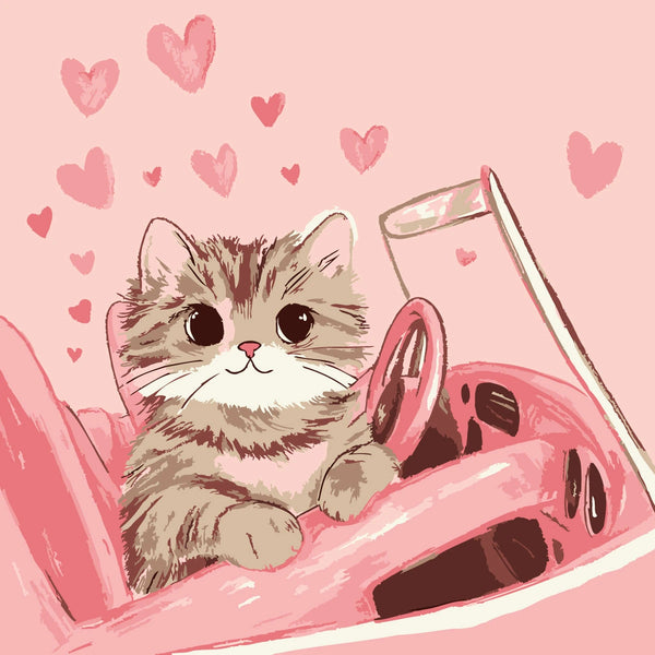 Cute fluffy kitten driving a pink car with floating hearts