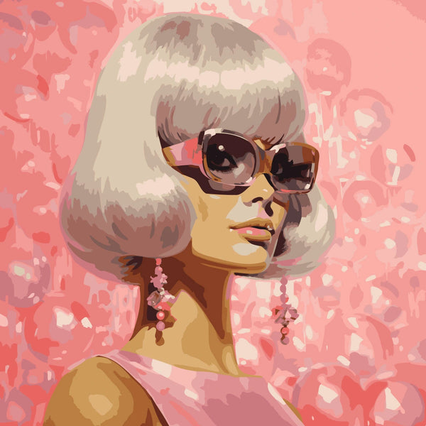 Stylish woman with blonde bob haircut wearing sunglasses and earrings