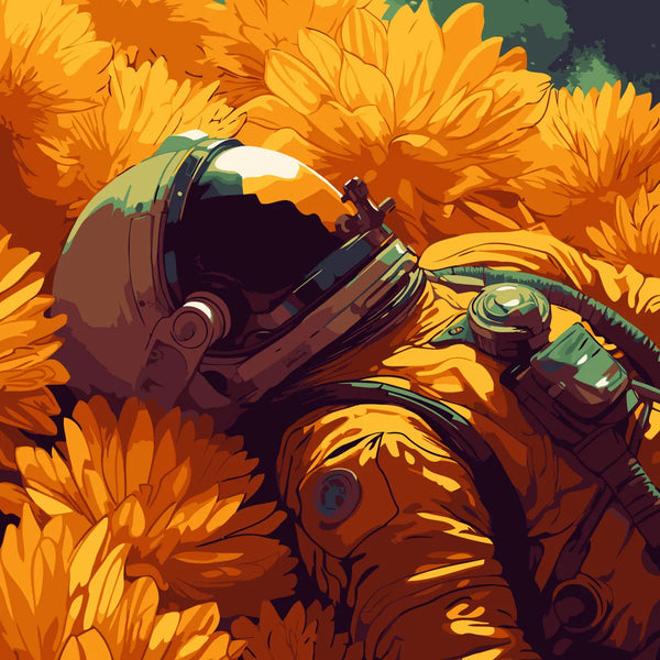 Astronaut in orange suit lying among vibrant golden flowers