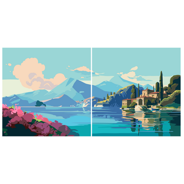 Scenic lake landscape with mountains villa and vibrant floral foreground