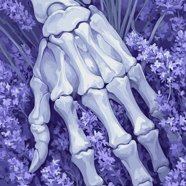 Skeletal hand resting in a bed of lavender flowers, featured in the Lavender Remains paint by numbers kit.