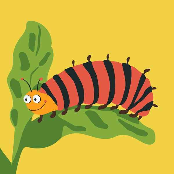 Smiling striped caterpillar crawling on a green leaf with yellow background