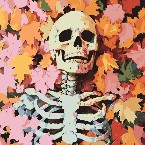 Smiling skeleton lying among colorful autumn leaves in artistic painting