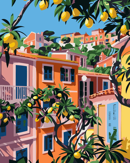 Vibrant Mediterranean village with colorful houses and lemon trees