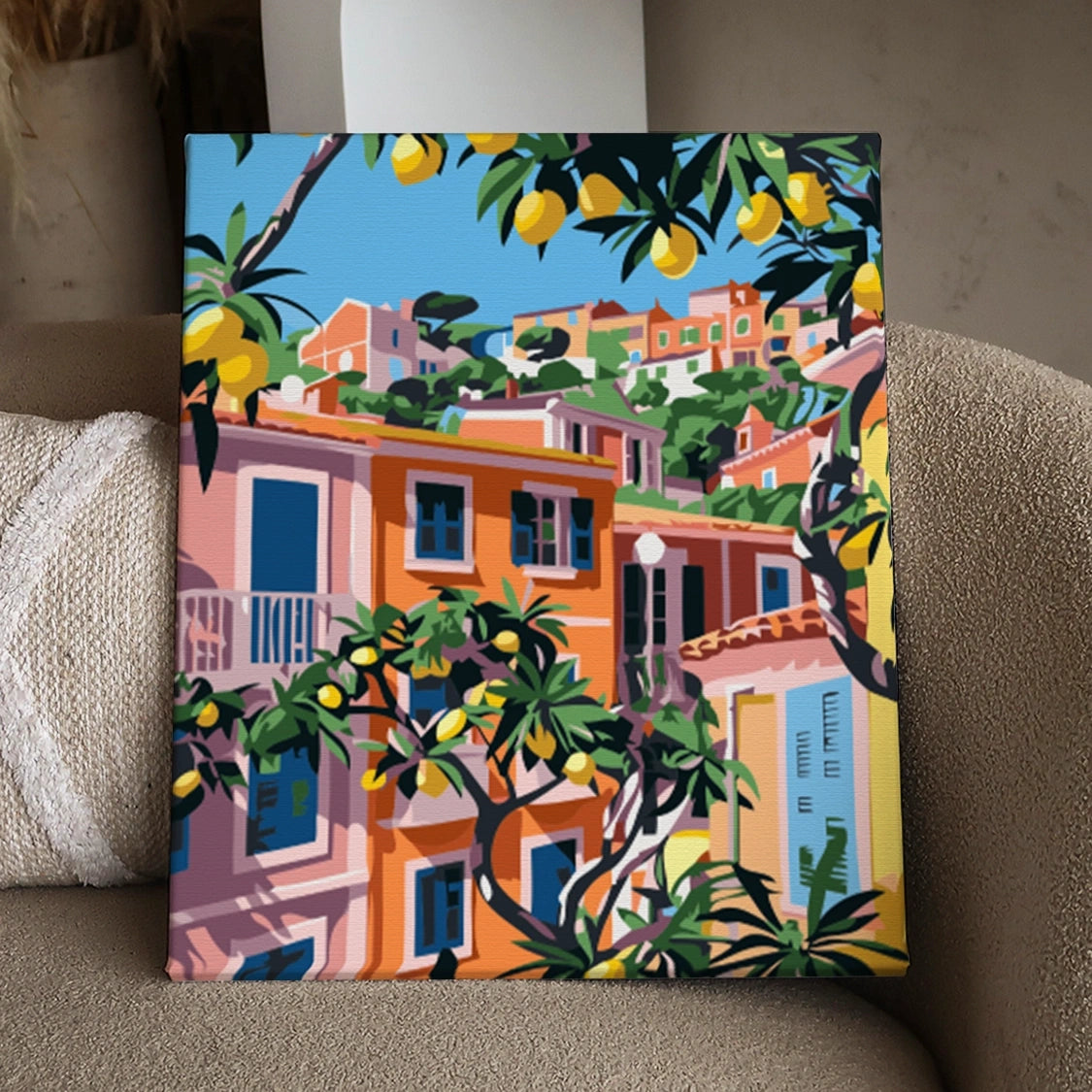 Vibrant Mediterranean village with colorful houses and lemon trees