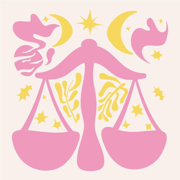 Libra zodiac sign with balanced scales, stars, and celestial elements.