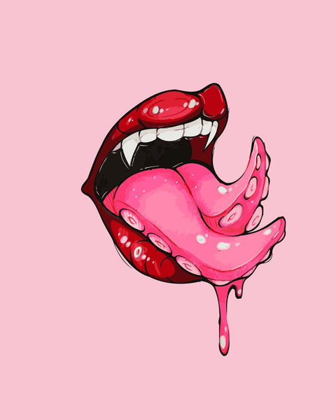 Glossy red lips with sharp fangs and a pink dripping tentacle tongue on a soft pink background, surreal design by Kalinina for the Licktopus paint by numbers kit.