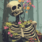 Skeleton covered in vibrant flowers and moss in a misty forest, featured in the Life Returns paint by numbers kit.