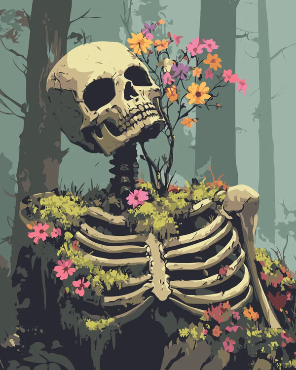 Skeleton covered in vibrant flowers and moss in a misty forest, featured in the Life Returns paint by numbers kit.