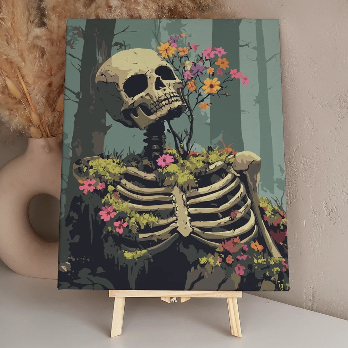 Skeleton covered in vibrant flowers and moss in a misty forest, featured in the Life Returns paint by numbers kit.