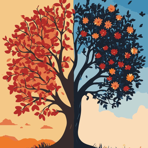 Life Split Paint by Numbers Kit featuring a tree divided between vibrant flowers and autumn leaves, symbolizing life’s duality.