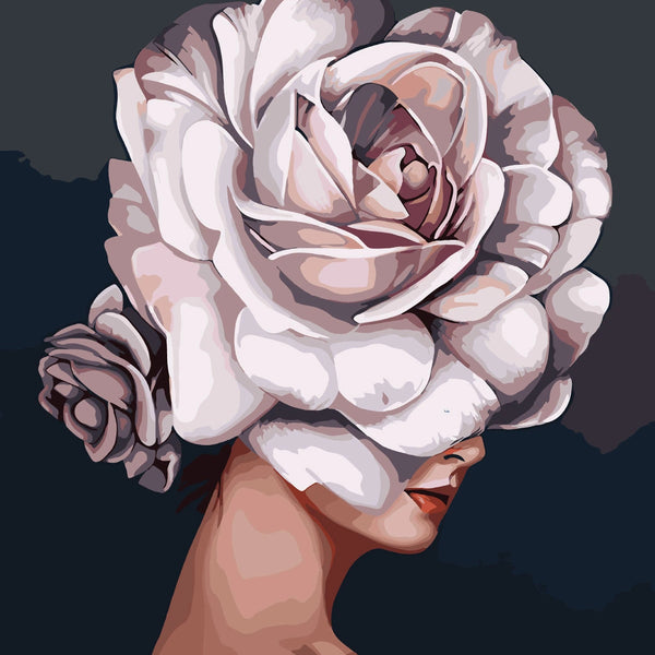 Surreal portrait of a woman with a large rose head