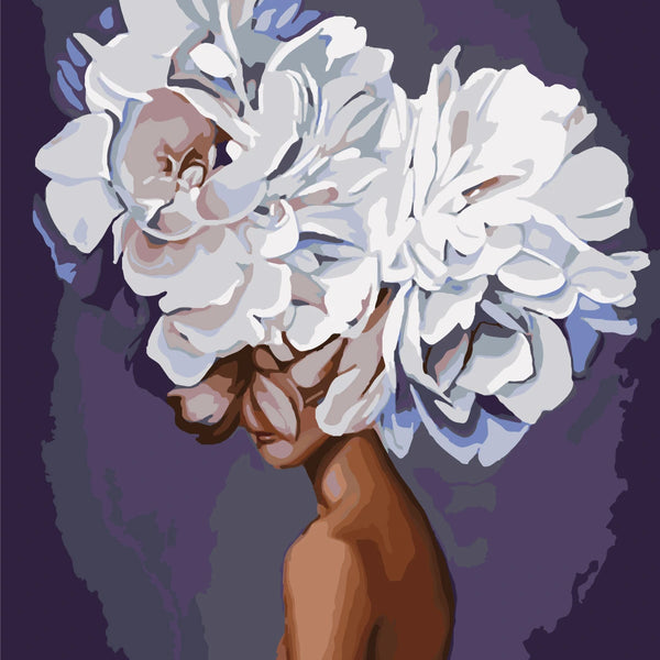 Elegant surreal painting of a woman with large white flowers