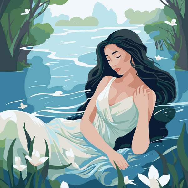 A serene woman in a flowing dress floating on water.