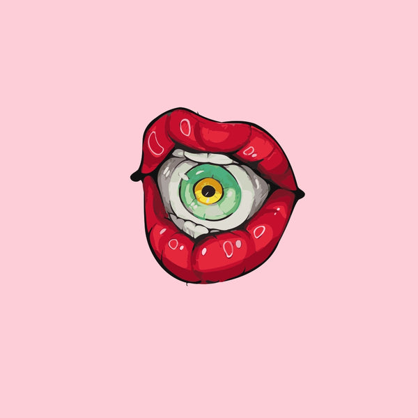 Red glossy lips holding a green eyeball in the mouth on a pink background, surreal and bold design by Kalinina for the Lips of Sight paint by numbers kit.