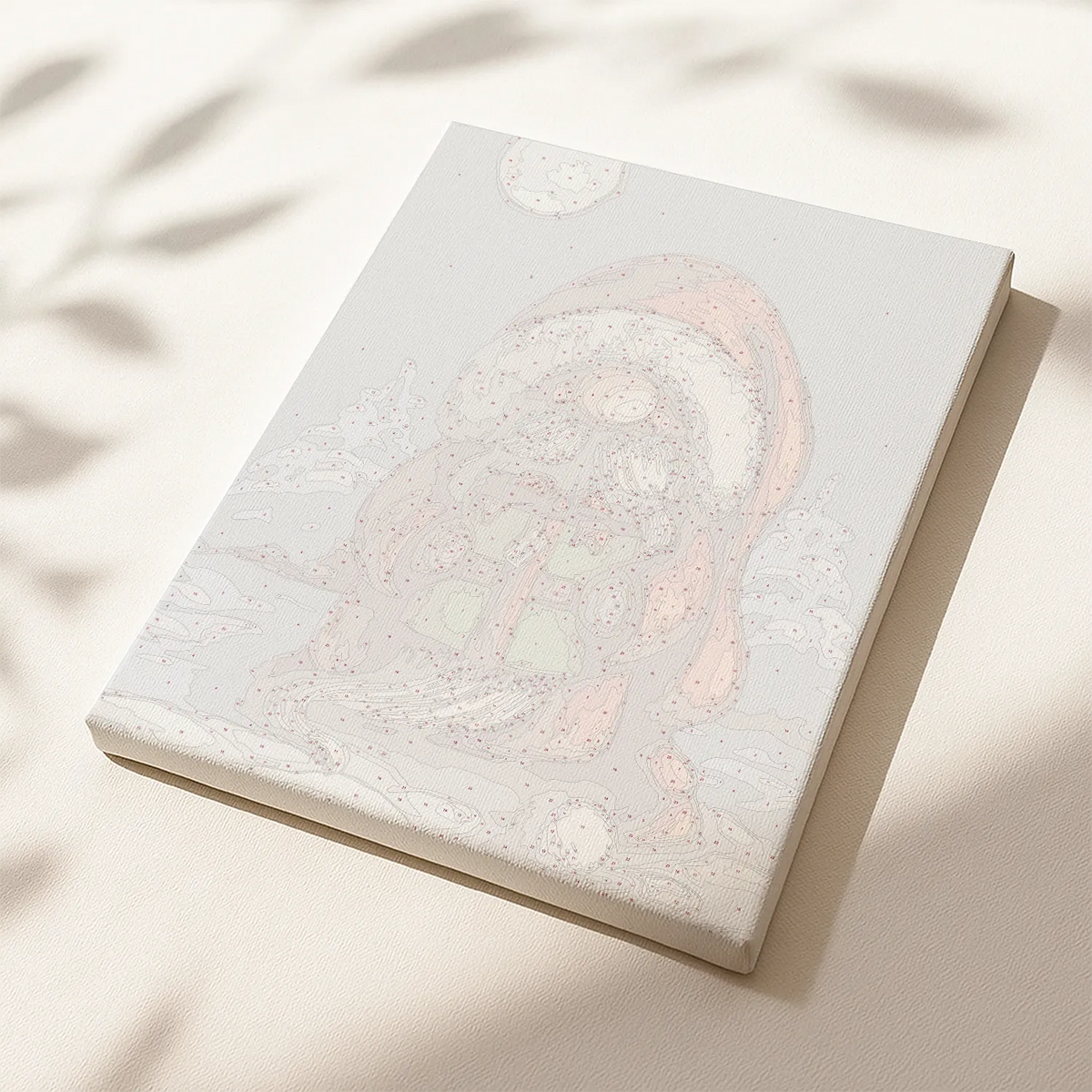 Little Santa paint by numbers canvas featuring Santa Claus holding a Christmas gift under the moonlight.