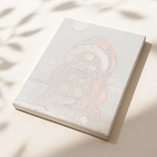 Little Santa paint by numbers canvas featuring Santa Claus holding a Christmas gift under the moonlight.
