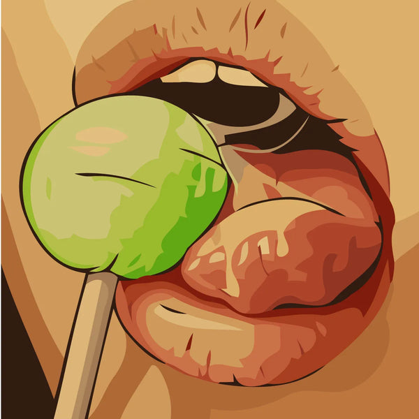 A close-up painting of lips licking a green lollipop.