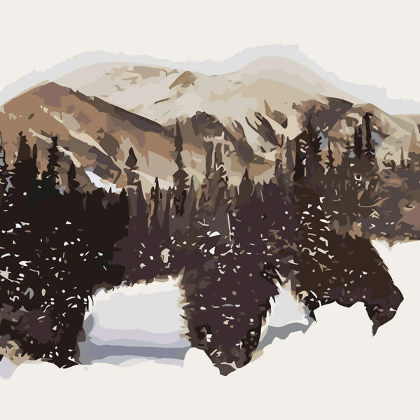 Double exposure painting of a bear with mountains and forest