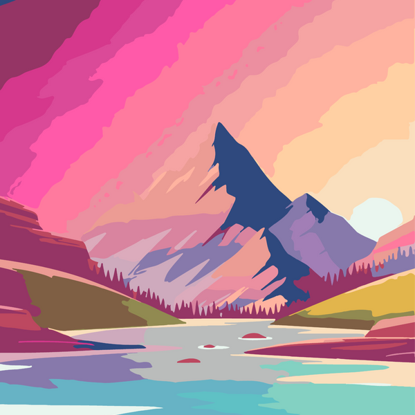 Colorful mountain landscape painting with a lake and sunset sky
