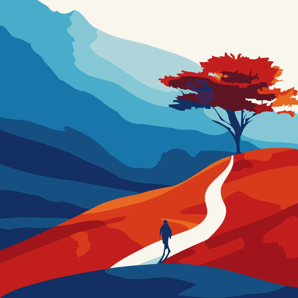 A lone traveler walking a winding path toward a vibrant tree