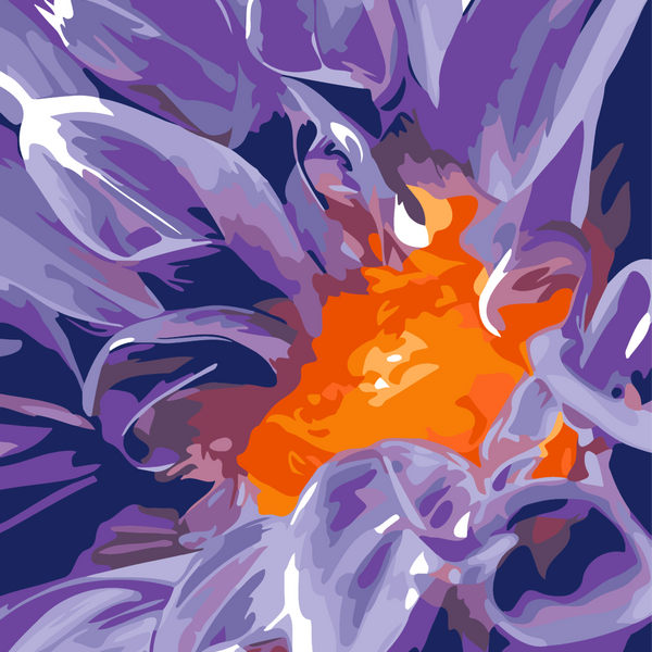 Vibrant close-up painting of a purple flower with orange center