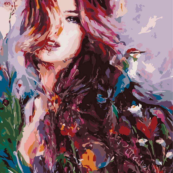 Expressive portrait painting of a woman with flowing colorful hair