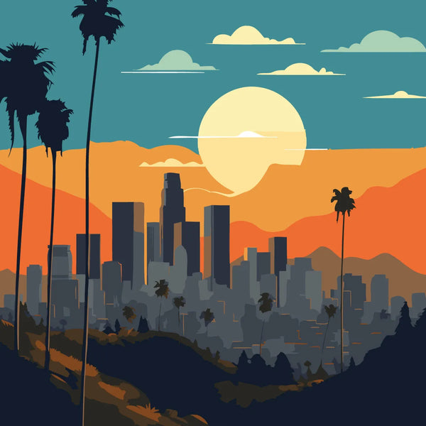 Los Angeles skyline with palm trees and sunset in the background
