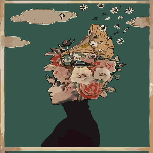 Surreal portrait of a woman with flowers and gramophone head
