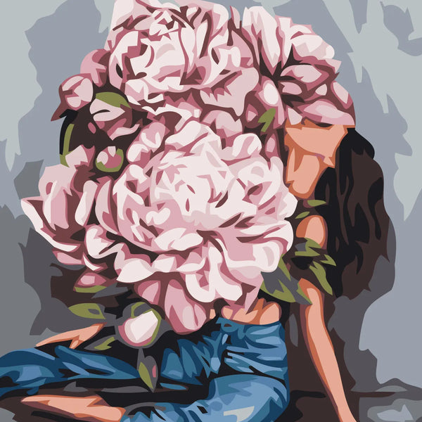 Woman with oversized blooming peonies covering her head and body