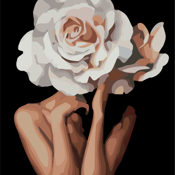 Surreal painting of hands holding a white rose as a face