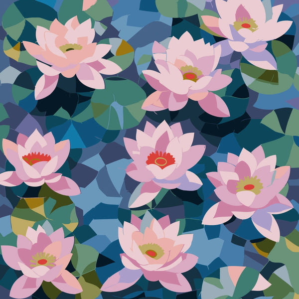 Pink water lilies floating on a blue pond with green leaves