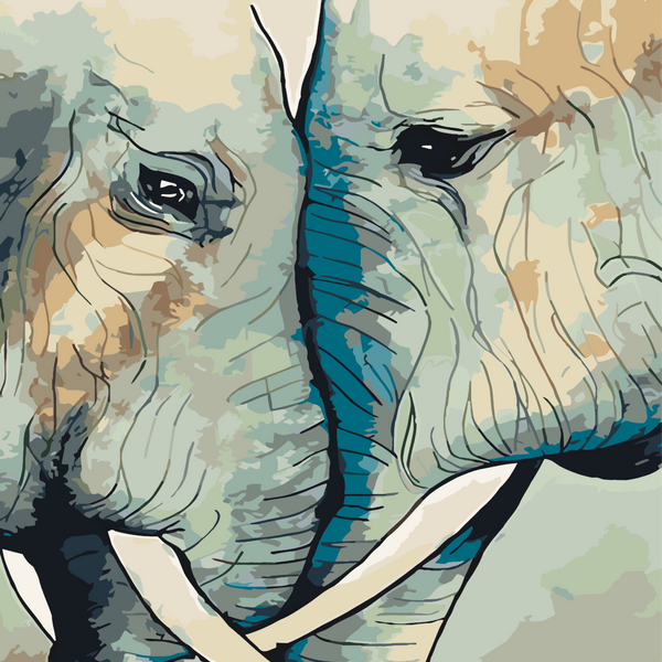 Close-up painting of two elephants touching faces in unity