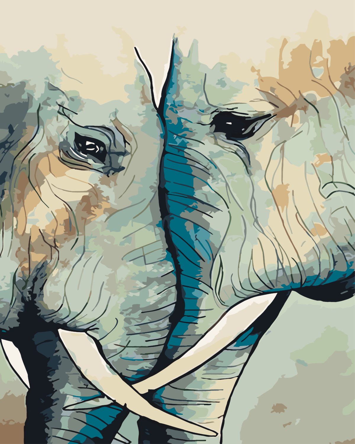 Close-up painting of two elephants touching faces in unity