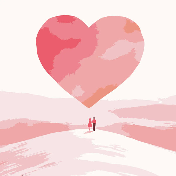 A couple holding hands under a large floating heart
