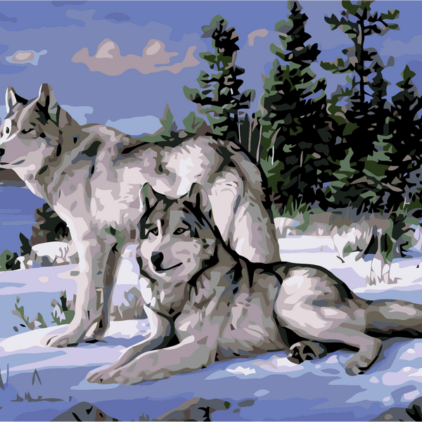 Two wolves in a snowy forest with a lake background