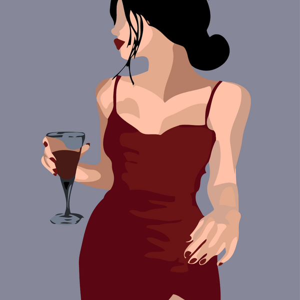 Elegant woman in red dress holding a glass of wine