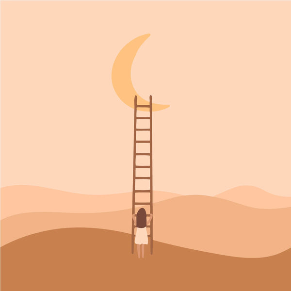 Minimalist painting of a girl climbing ladder to the moon