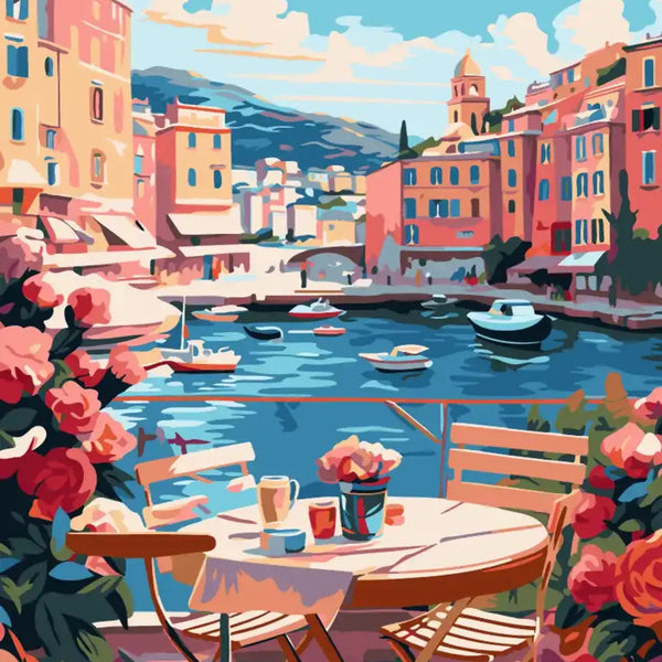 Charming seaside café painting with colorful buildings and boats in harbor