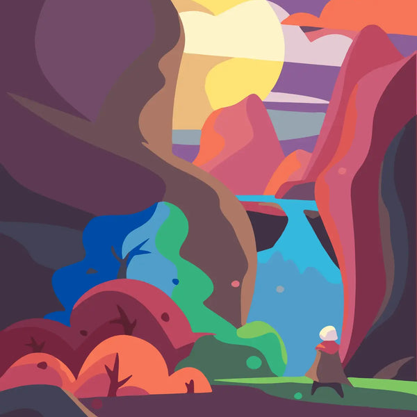 Vibrant landscape painting with mountains, waterfall, and a lone traveler