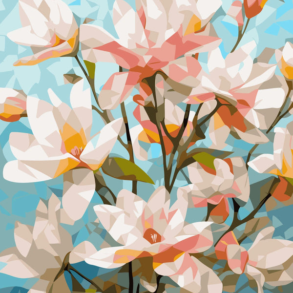 Abstract painting of blooming magnolia flowers with a blue background