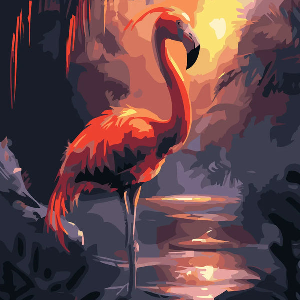 Vibrant painting of a flamingo standing by water at sunset