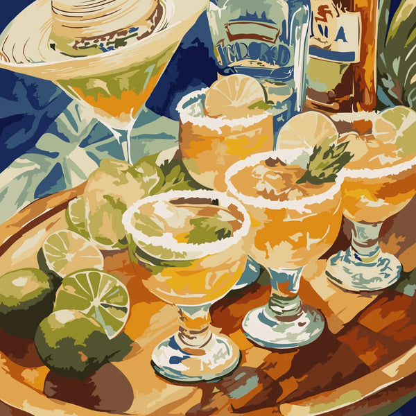 Colorful painting of margarita glasses with limes, tequila, and sombrero