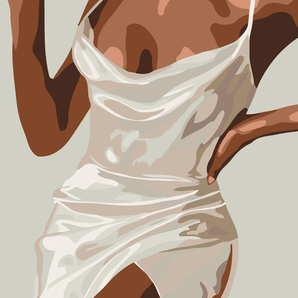 Stylized painting of a woman in a silky white dress